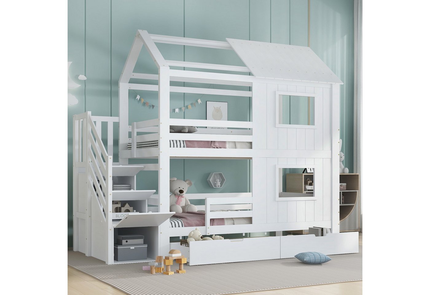Flieks Etagenbett, Kinderbett Hausbett 90x200cm mit Schubladen, Stauraumtreppe, Fenster von Flieks