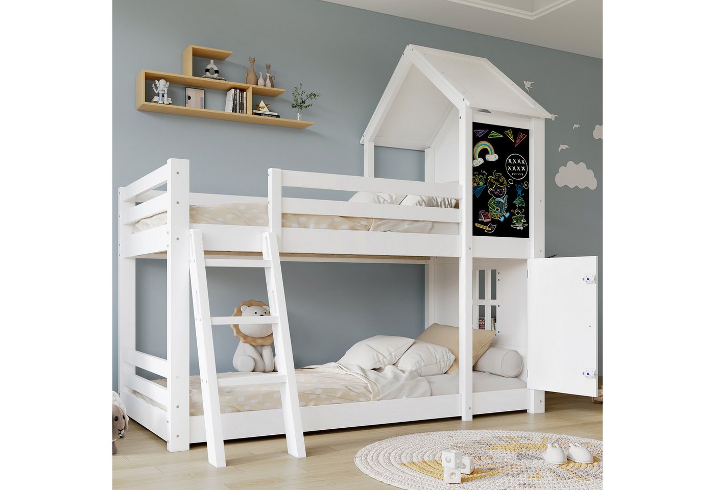 Flieks Etagenbett, Kinderbett Hausbett 90x200cm mit Tafel & Tür & Fenster & Schutzgitter Flieks Etagenbett, Kinderbett Hausbett 90x200cm mit Tafel & Tür & Fenster & Schutzgitter von Flieks