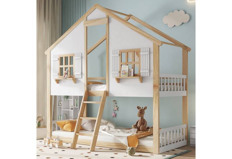 Flieks Etagenbett, Kinderbett Hausbett 90x200cm mit schönem Fenster Dach und Schrägleiter von Flieks