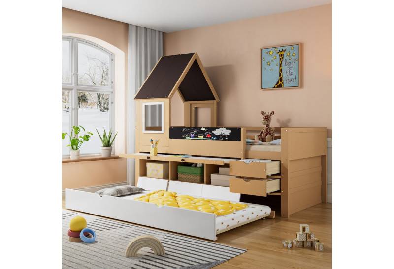 Flieks Etagenbett, Kinderbett Hochbett 90x200cm mit Ausziehtisch Rollbett Tafel Schublade von Flieks