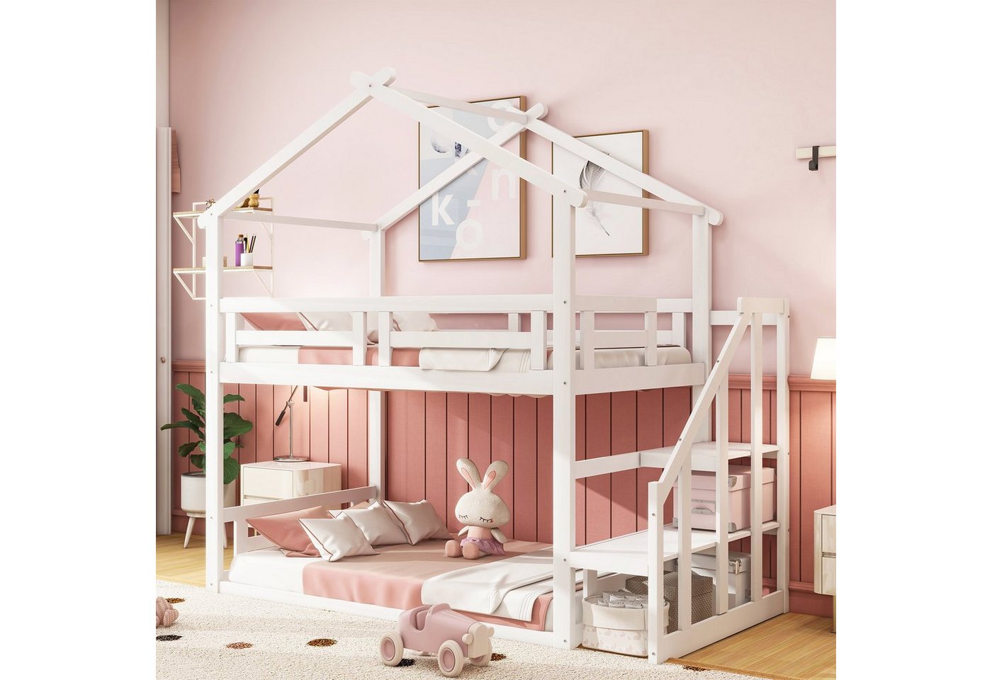 Flieks Etagenbett, Kinderbett Hochbett mit oberem Lattenrost und Treppe 90x200cm von Flieks