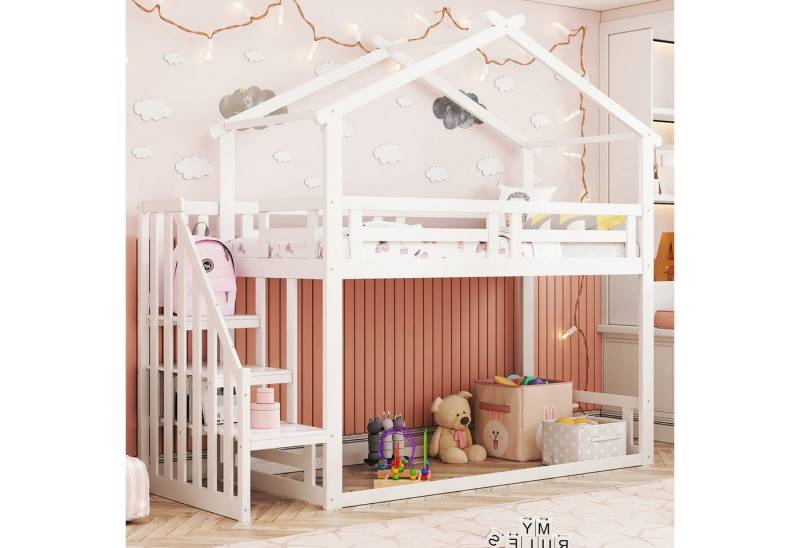Flieks Etagenbett, Kinderbett Hochbett mit oberem Lattenrost und Treppe 90x200cm von Flieks