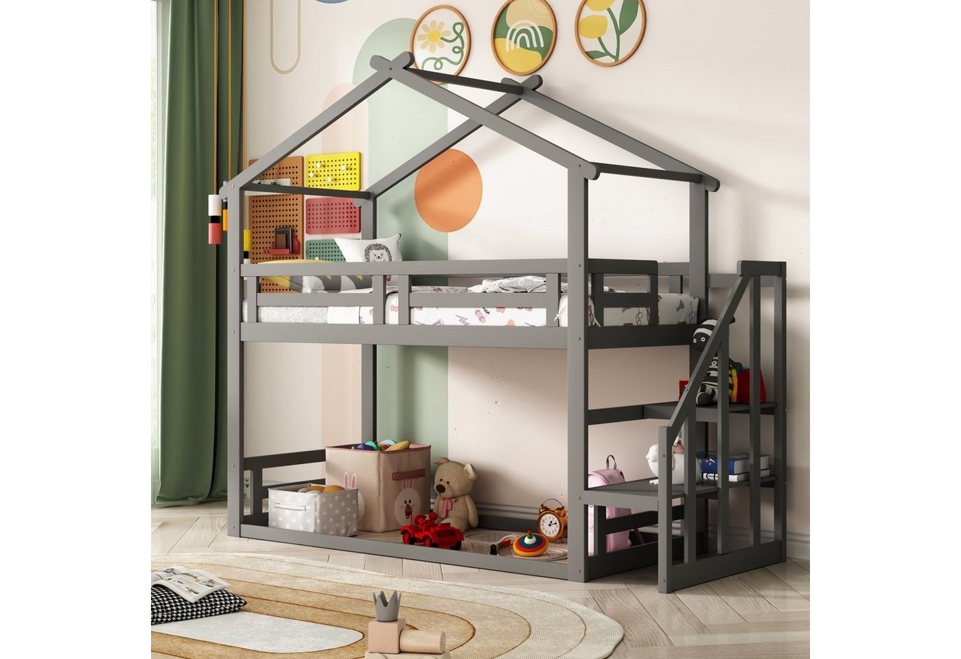 Flieks Etagenbett, Kinderbett Hochbett mit oberem Lattenrost und Treppe 90x200cm von Flieks