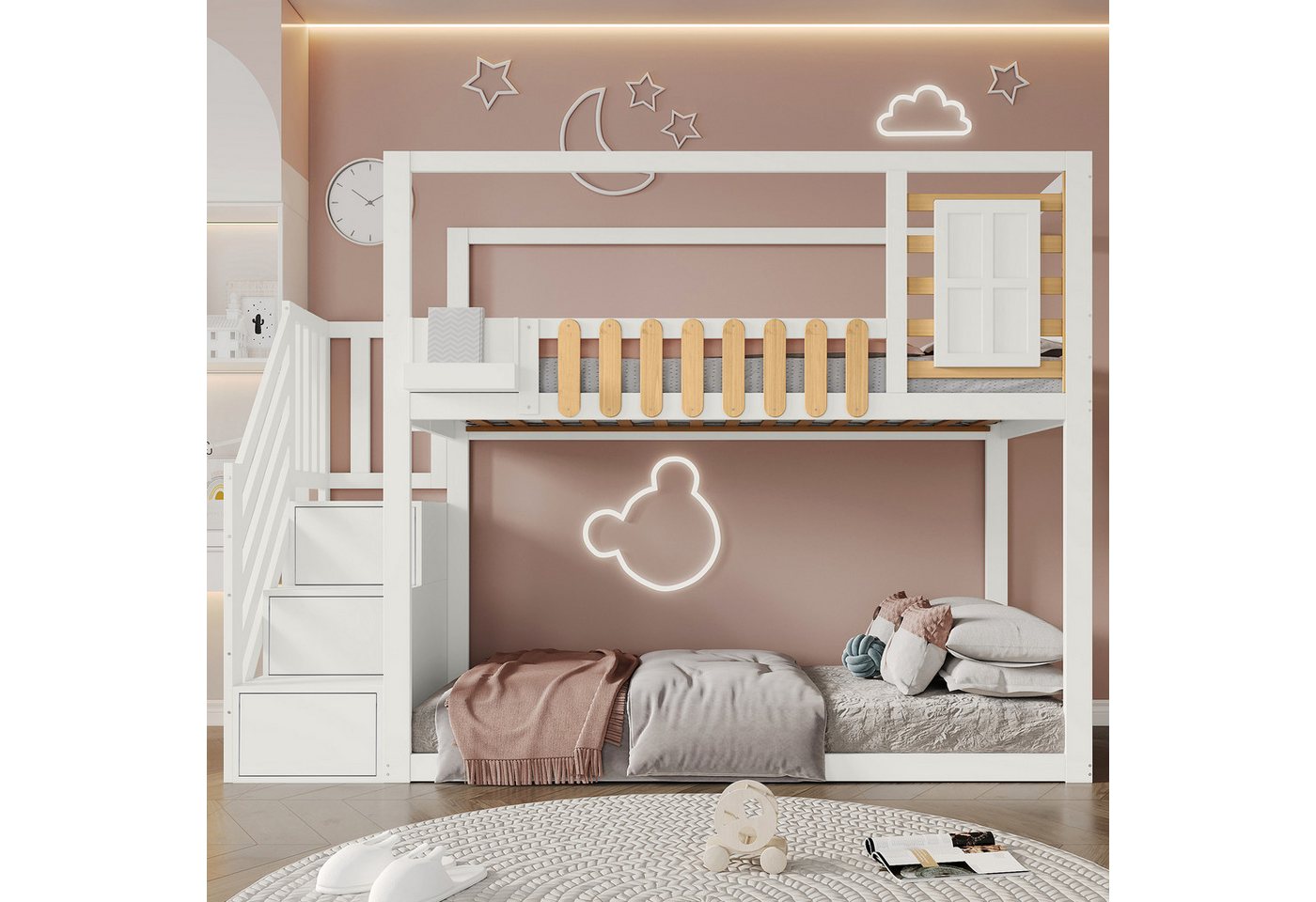 Flieks Etagenbett, Kinderbett Kiefernholzbett mit Treppe und Stauraum 90x200cm Flieks Etagenbett, Kinderbett Kiefernholzbett mit Treppe und Stauraum 90x200cm von Flieks