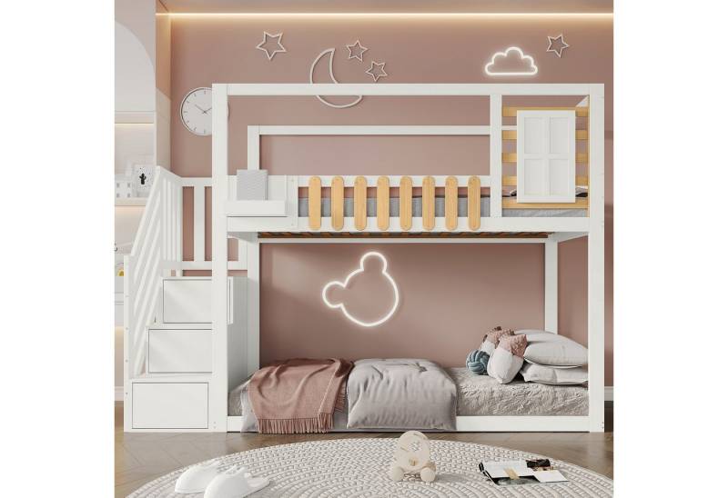 Flieks Etagenbett, Kinderbett Kiefernholzbett mit Treppe und Stauraum 90x200cm von Flieks