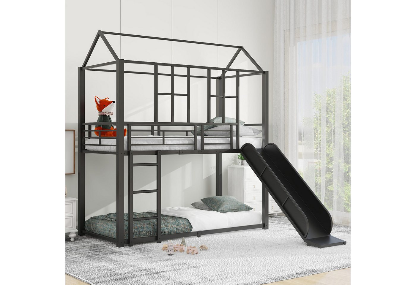 Flieks Etagenbett, Kinderbett Metallbett 90x200cm mit 2 Stock Lattenrost und Rutsche von Flieks