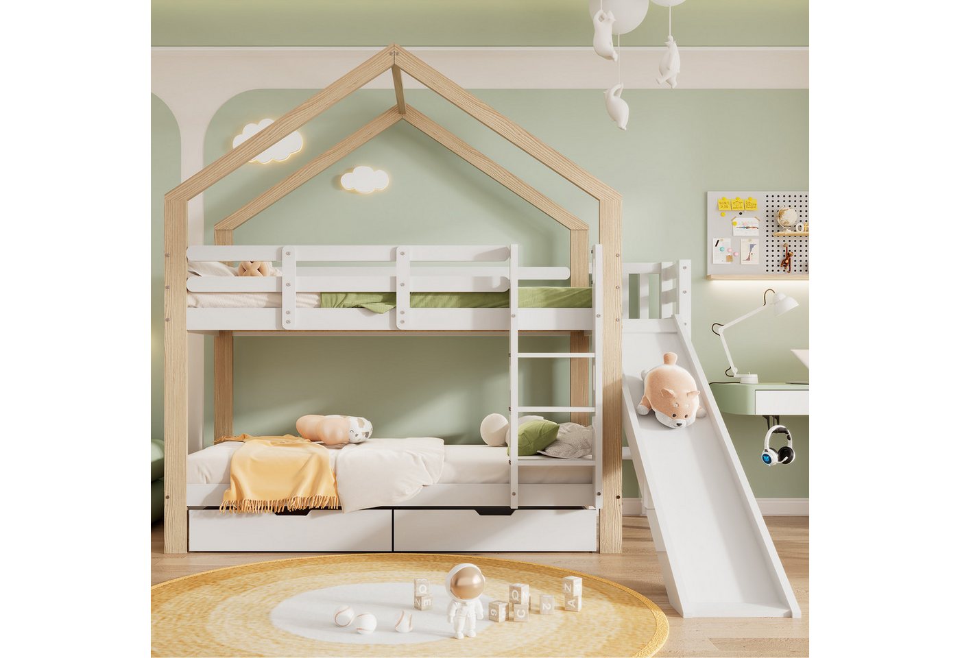 Flieks Etagenbett, Kinderbett mit Rutsche, dreistufiger Leiter und 2 Schubladen 90x200cm von Flieks