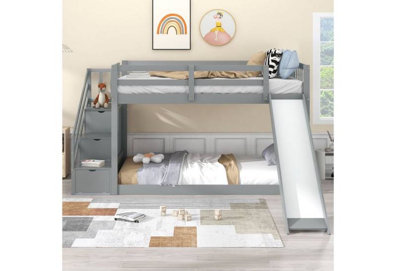 Flieks Etagenbett, Kinderbett mit Rutsche und Stauraumtreppe 90x200cm von Flieks