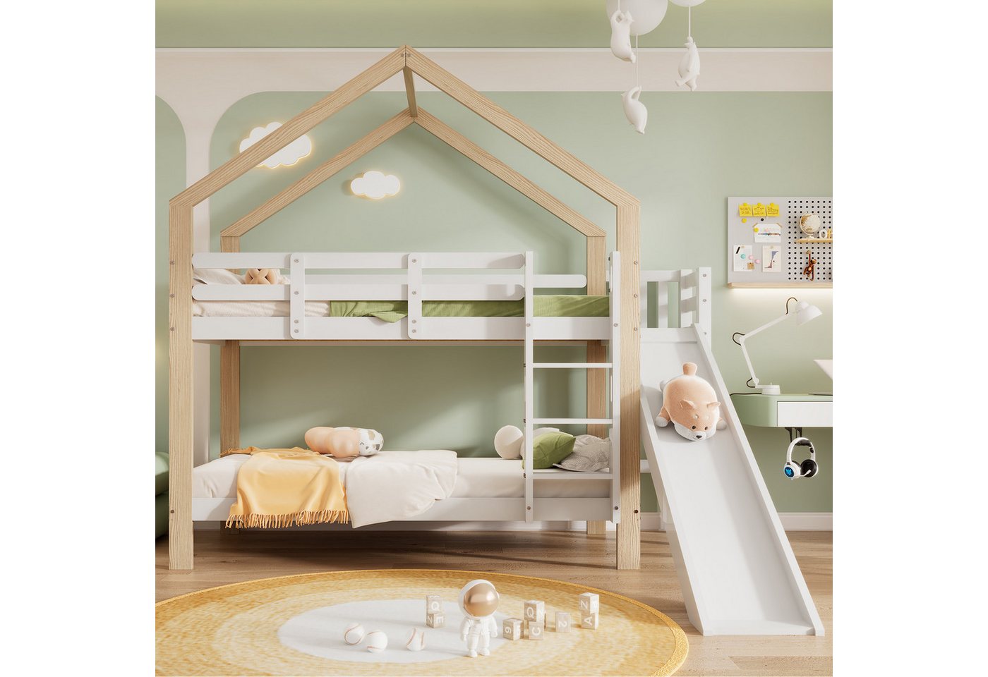 Flieks Etagenbett, Kinderbett mit Rutsche und dreistufiger rechtwinkliger Leiter 90x200cm von Flieks