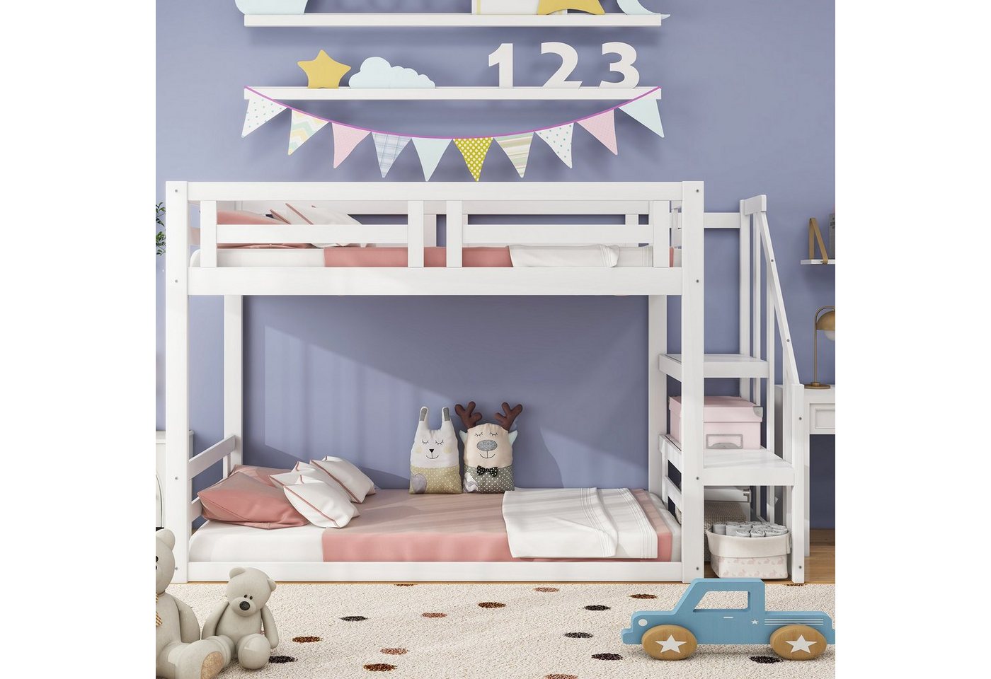 Flieks Etagenbett, Kinderbett mit Sicherheitstreppe 90x200cm Massivholz von Flieks