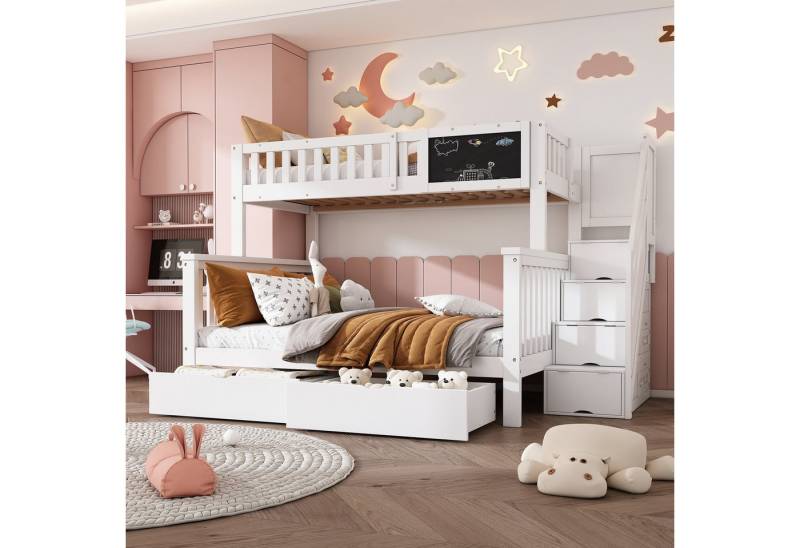 Flieks Etagenbett, Kinderbett mit Tafel Treppe Schubladen 90x200cm+140x200cm von Flieks