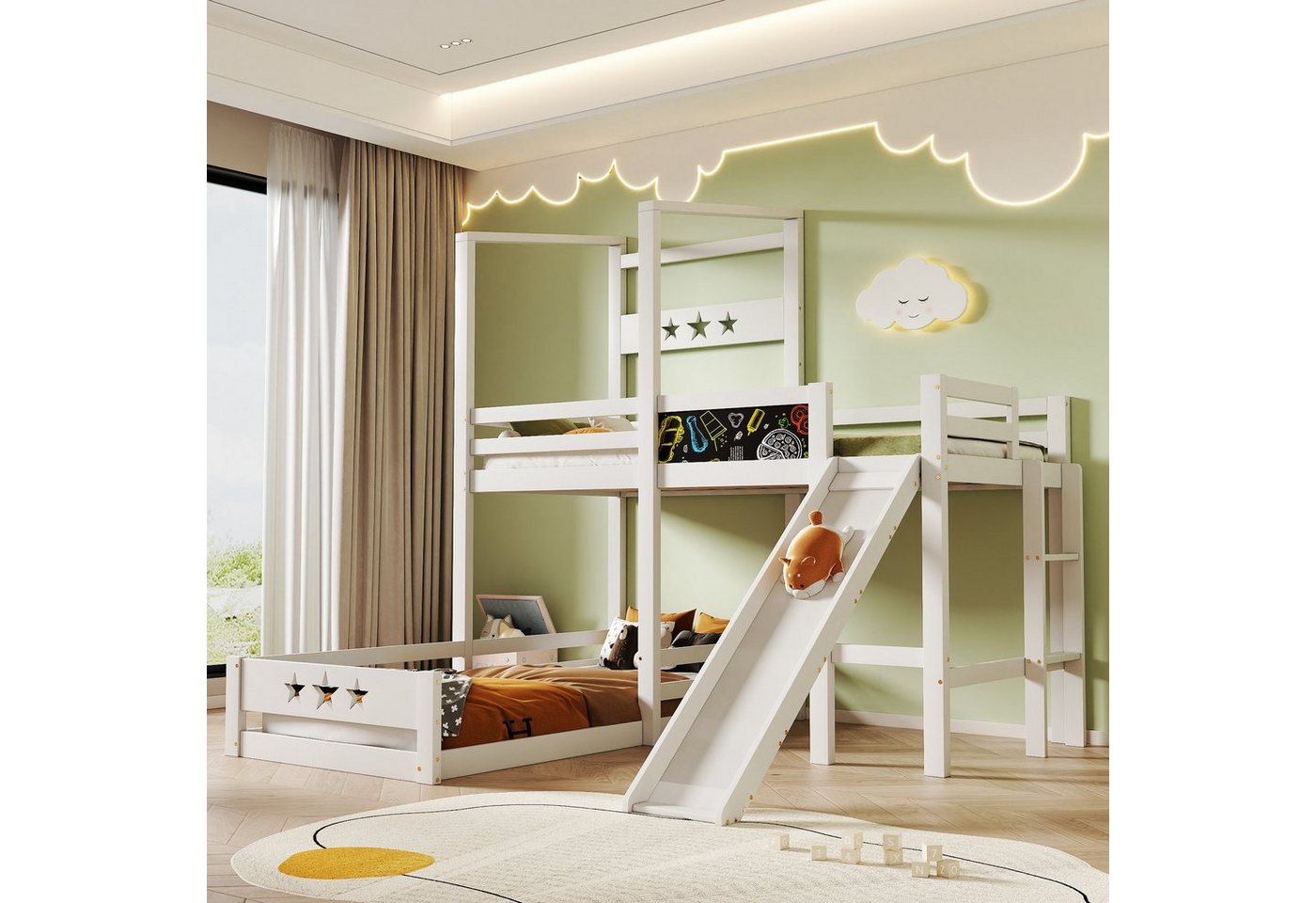 Flieks Etagenbett, Kinderbett mit Tafel und Rutsche Hochbett mit Leiter 90x200cm von Flieks