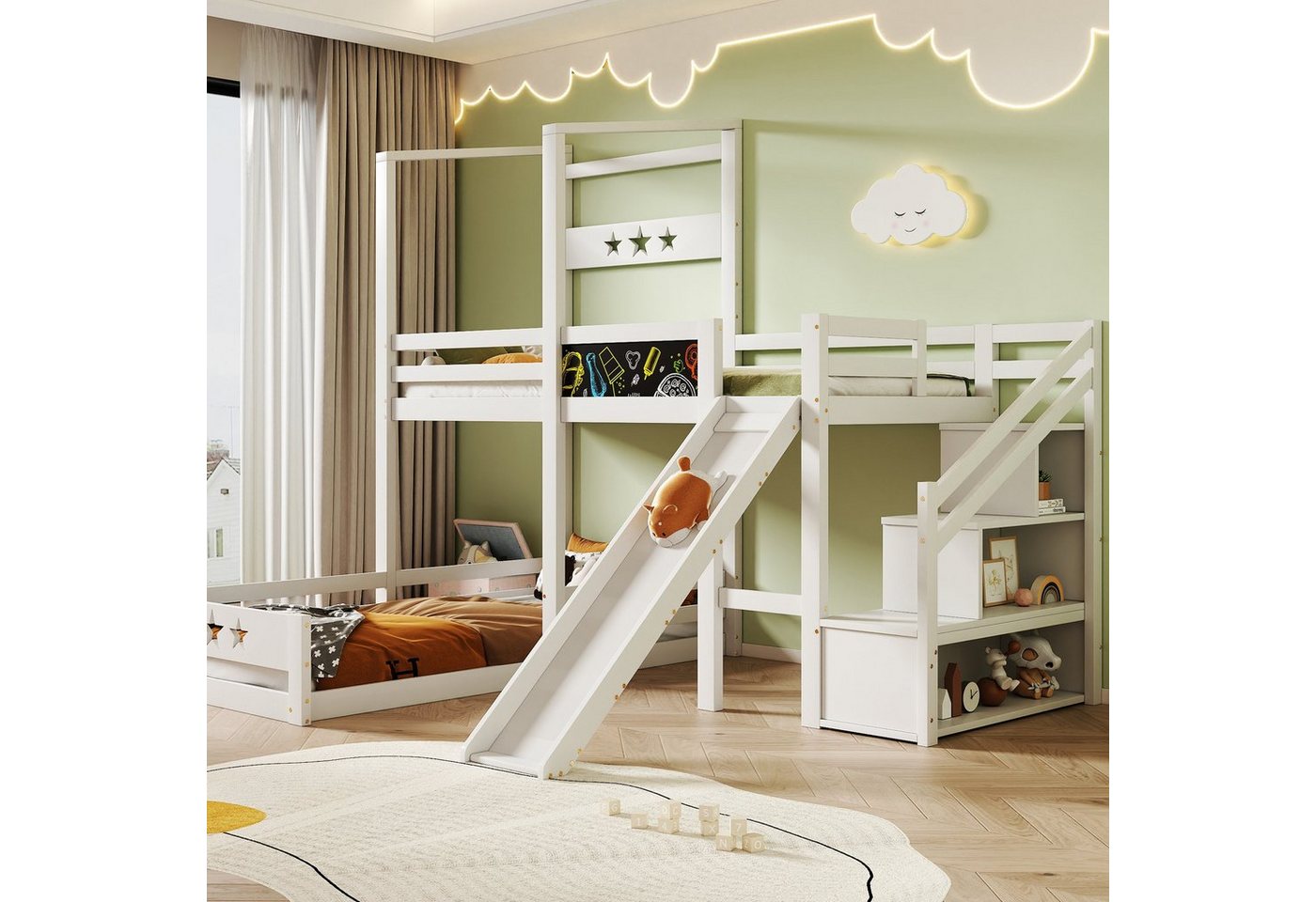 Flieks Etagenbett, Kinderbett mit Tafel und Rutsche Hochbett mit Stauraumtreppe 90x200cm von Flieks