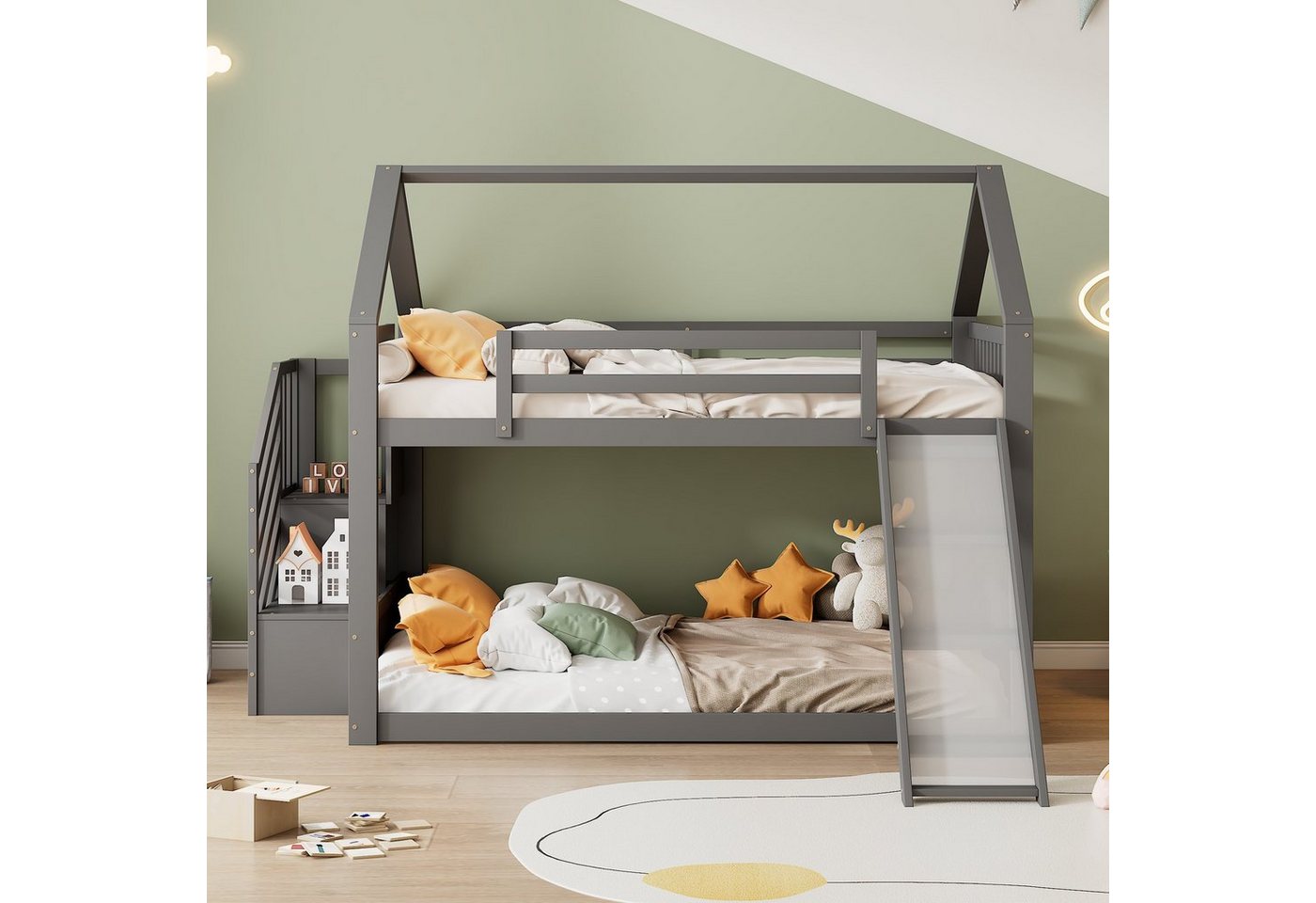 Flieks Etagenbett, Kinderbett mit Treppe & Rutsche & oberem Lattenrost 140x200cm von Flieks