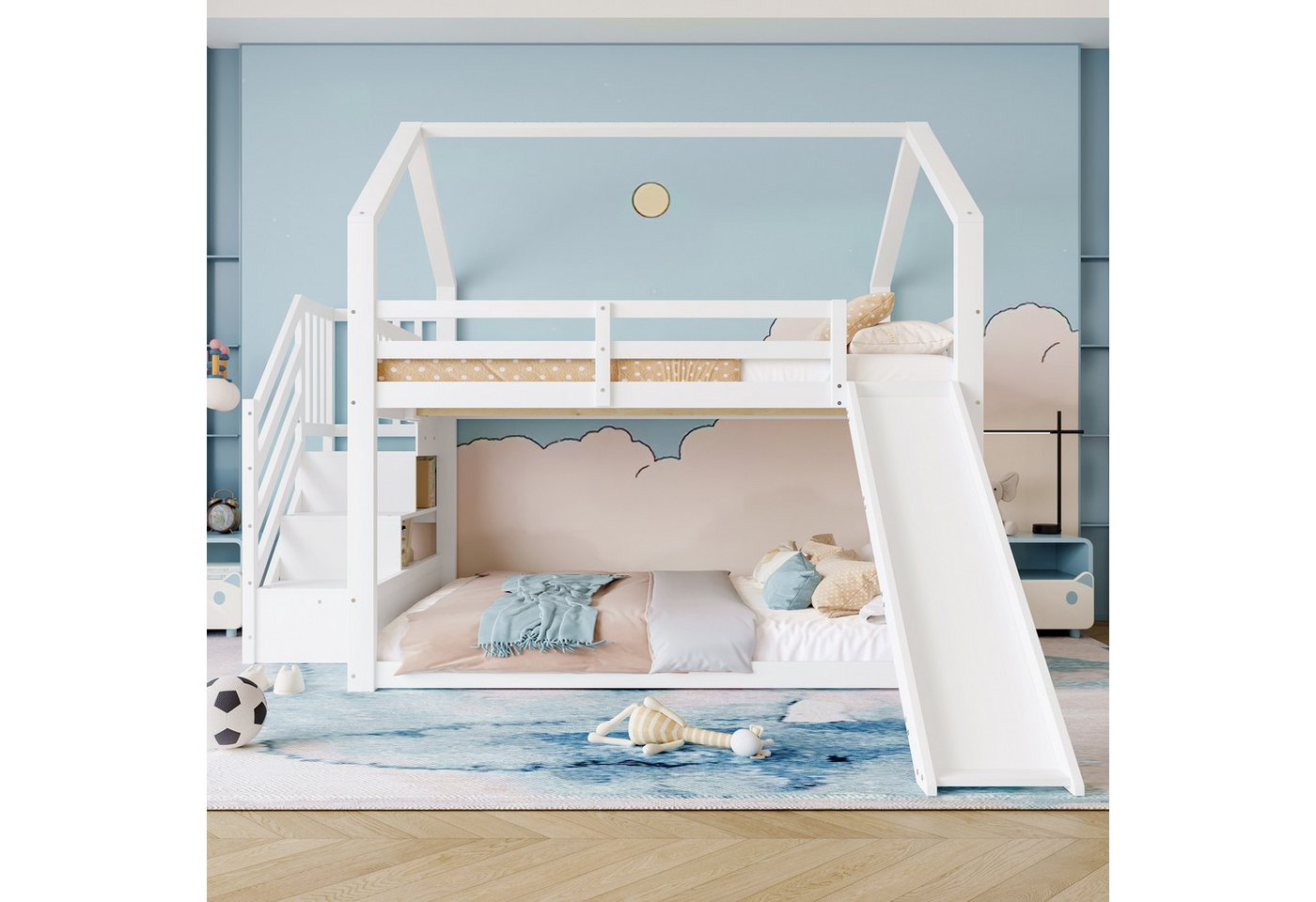 Flieks Etagenbett, Kinderbett mit Treppe & Rutsche & oberem Lattenrost 140x200cm Flieks Etagenbett, Kinderbett mit Treppe & Rutsche & oberem Lattenrost 140x200cm von Flieks
