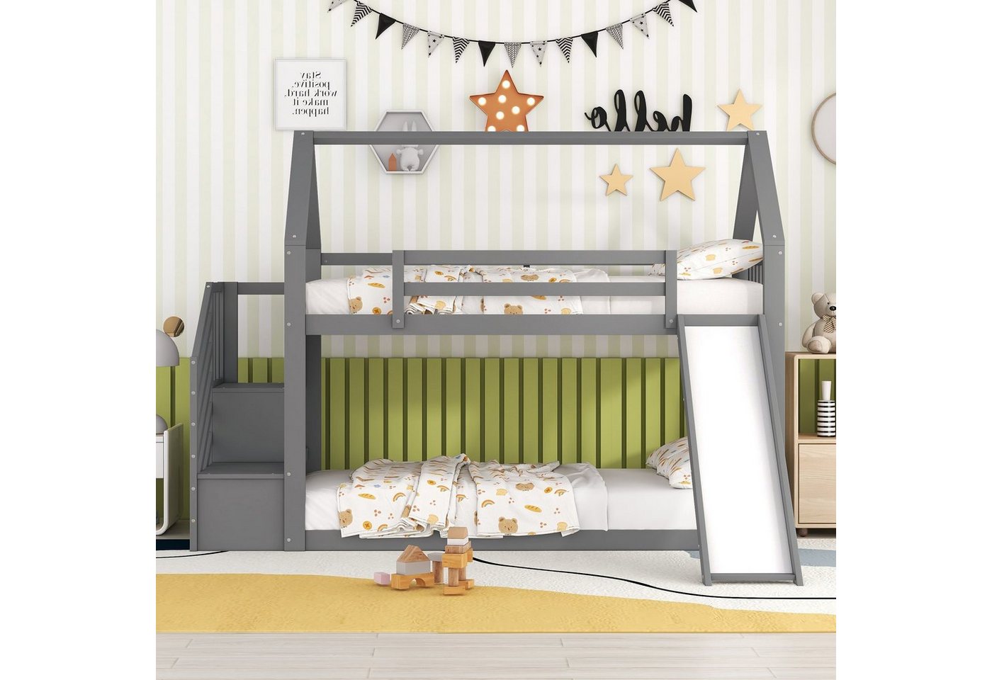 Flieks Etagenbett, Kinderbett mit Treppe & Rutsche & oberem Lattenrost 90x200cm von Flieks