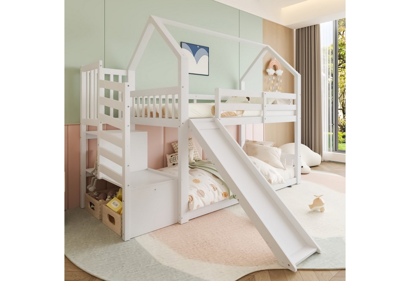 Flieks Etagenbett, Kinderbett mit Treppe & Rutsche & oberem Lattenrost 90x200cm Flieks Etagenbett, Kinderbett mit Treppe & Rutsche & oberem Lattenrost 90x200cm von Flieks