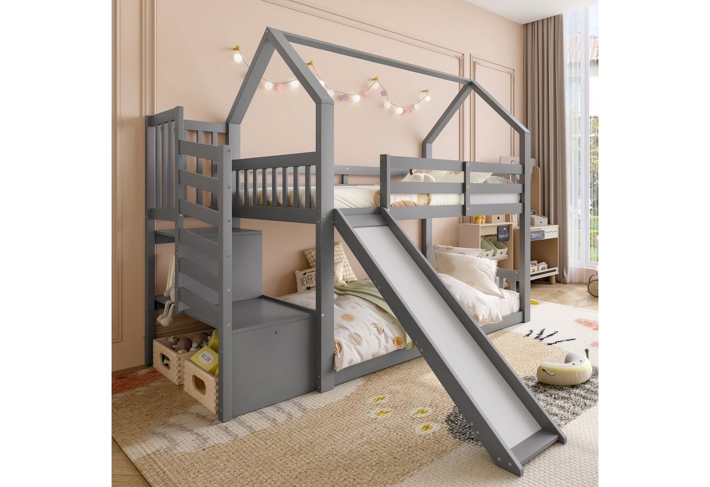 Flieks Etagenbett, Kinderbett mit Treppe & Rutsche & oberem Lattenrost 90x200cm Flieks Etagenbett, Kinderbett mit Treppe & Rutsche & oberem Lattenrost 90x200cm von Flieks