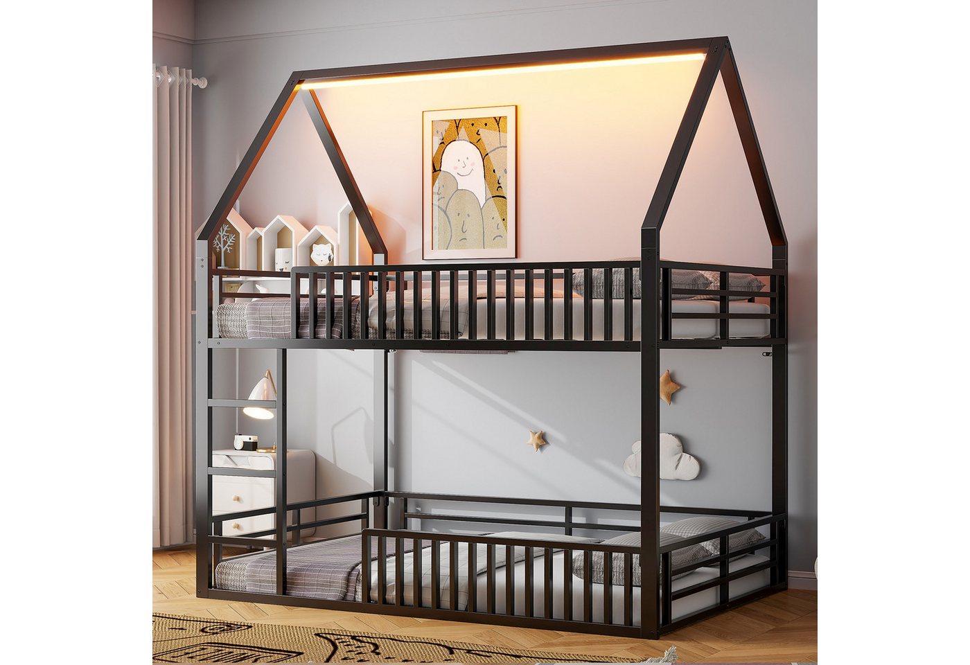 Flieks Etagenbett, Led Metallbett Hausbett 140x200cm mit Fallschutz und oberem Lattenrost Flieks Etagenbett, Led Metallbett Hausbett 140x200cm mit Fallschutz und oberem Lattenrost von Flieks