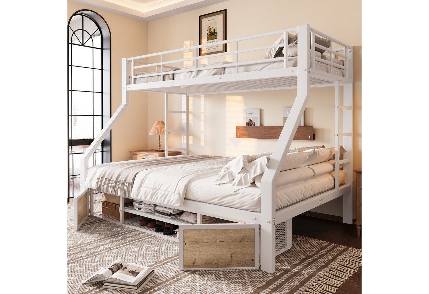 Flieks Etagenbett, Metall Kinderbett 90×200cm+140x200cm mit Schuhschrank und Staufächern von Flieks