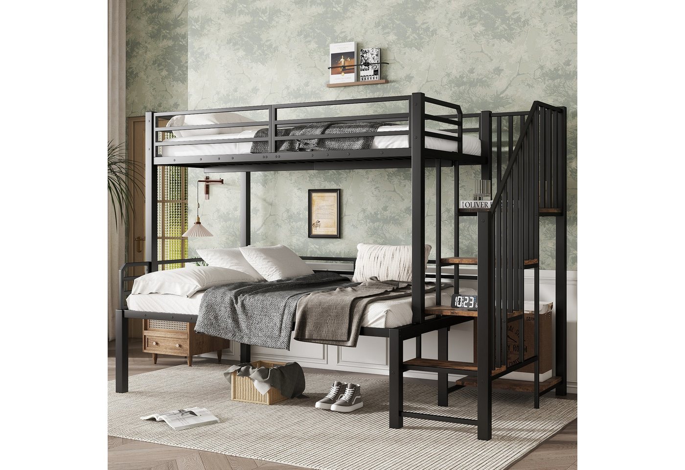 Flieks Etagenbett, Metallbett 90x200cm&120x200cm mit Rausfallschutz und Stauraumtreppe von Flieks