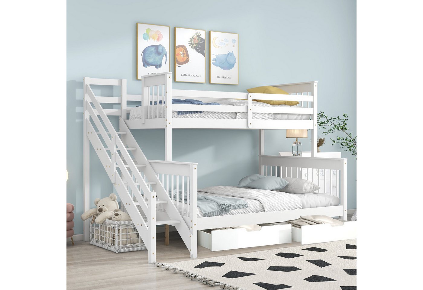 Flieks Etagenbett, Umwandelbares Kinderbett mit Leiter und 2 Schubladen 90x200+140x200cm von Flieks
