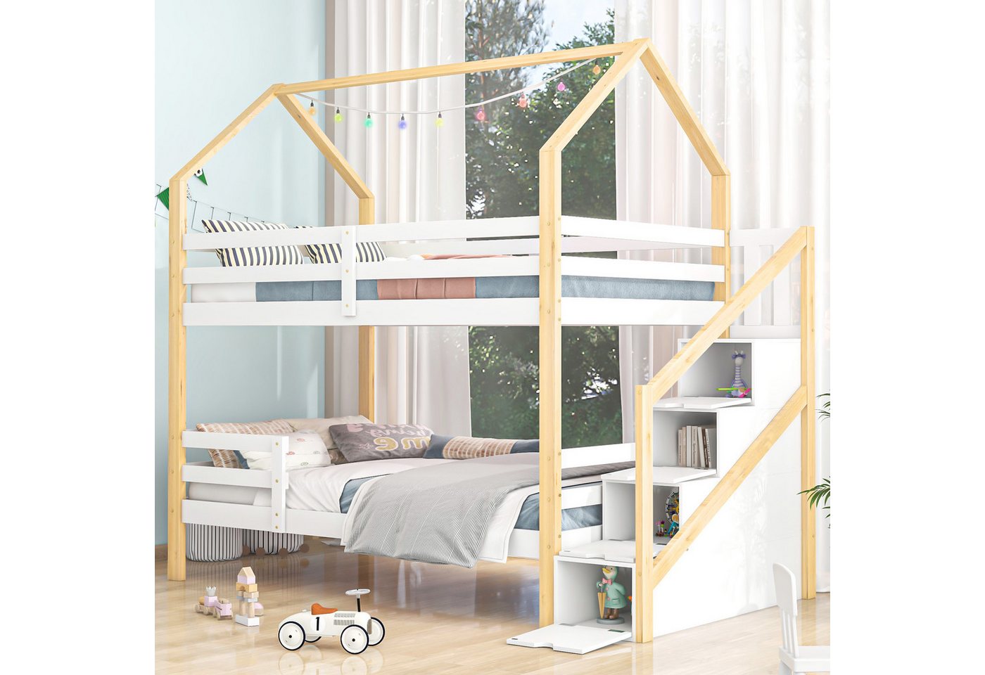 Flieks Etagenbett hrad (mit Lattenrost, Treppe und 4 Schubladen), Hochbett Kiefernholzbett Kinderbett Hausbett 90x200cm von Flieks