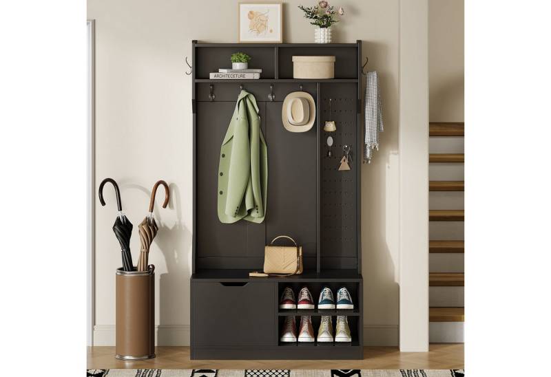 Flieks Garderoben-Set mit Schuhschrank, Kleiderhaken, Pegboard und Klappen, (1-St., B100/T40/H185,5 cm), Garderobenständer mit Schuhregal, Sitzfläche und Kleiderstange Schwarz von Flieks