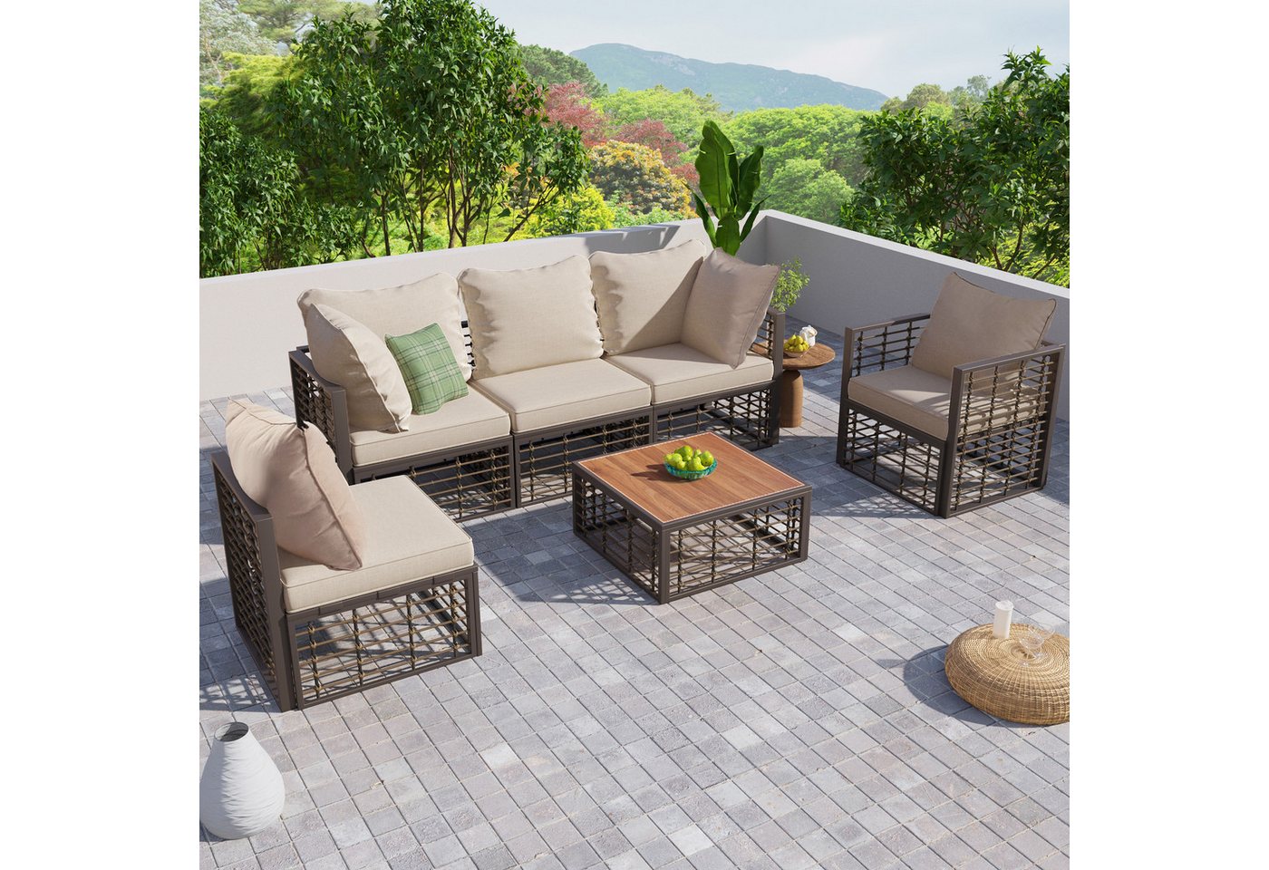 Flieks Gartenlounge-Set, (6-tlg), 5-Sitzer Gartenmöbel Balkonset Polyrattan (Einzelsitz*5+Couchtisch*1) von Flieks