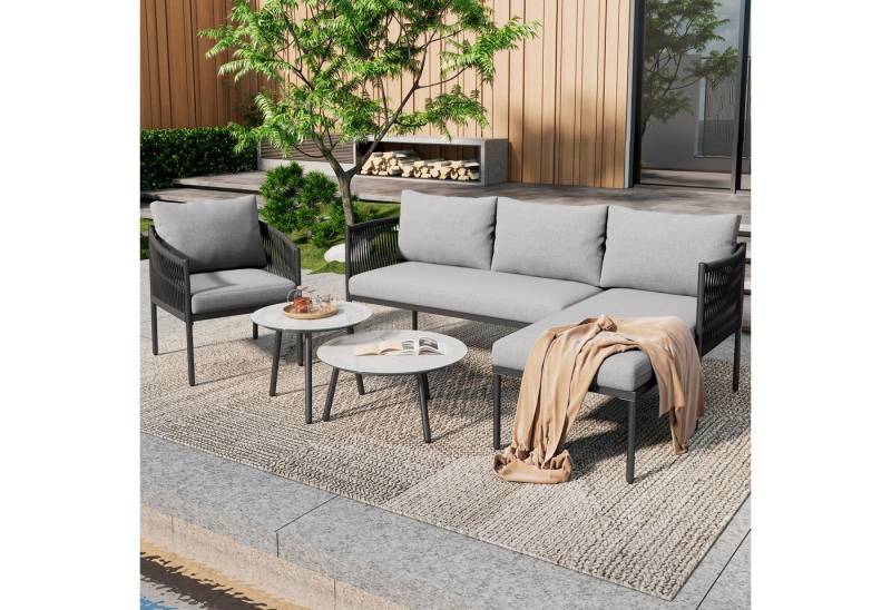 Flieks Gartenlounge-Set, 5-Sitzer Seil Gartenmöbel Ecksofa mit marmorlackierte Glastischplatte von Flieks