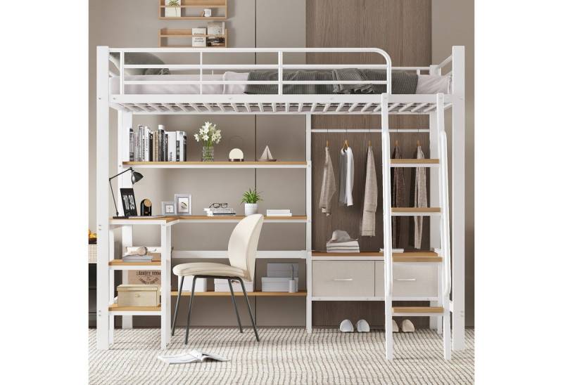 Flieks Hochbett Eisenbett 90x200cm mit Schreibtisch, Kleiderstange, Schrägleiter von Flieks