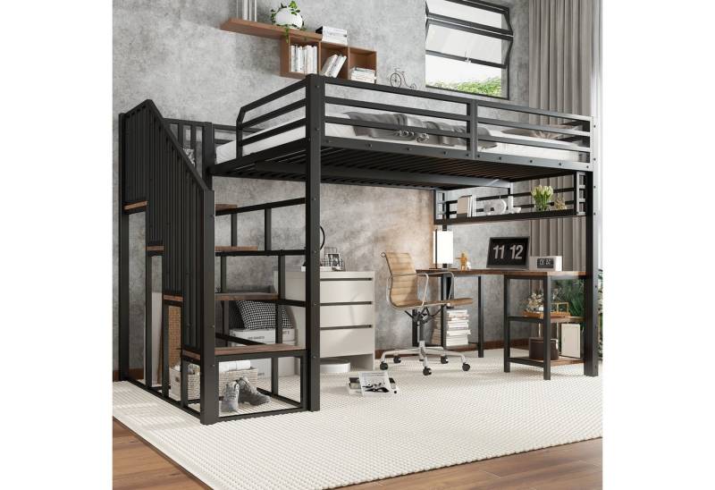 Flieks Hochbett Eisenbett Kinderbett 120x200cm mit Schreibtisch & Stauraum & Treppe von Flieks