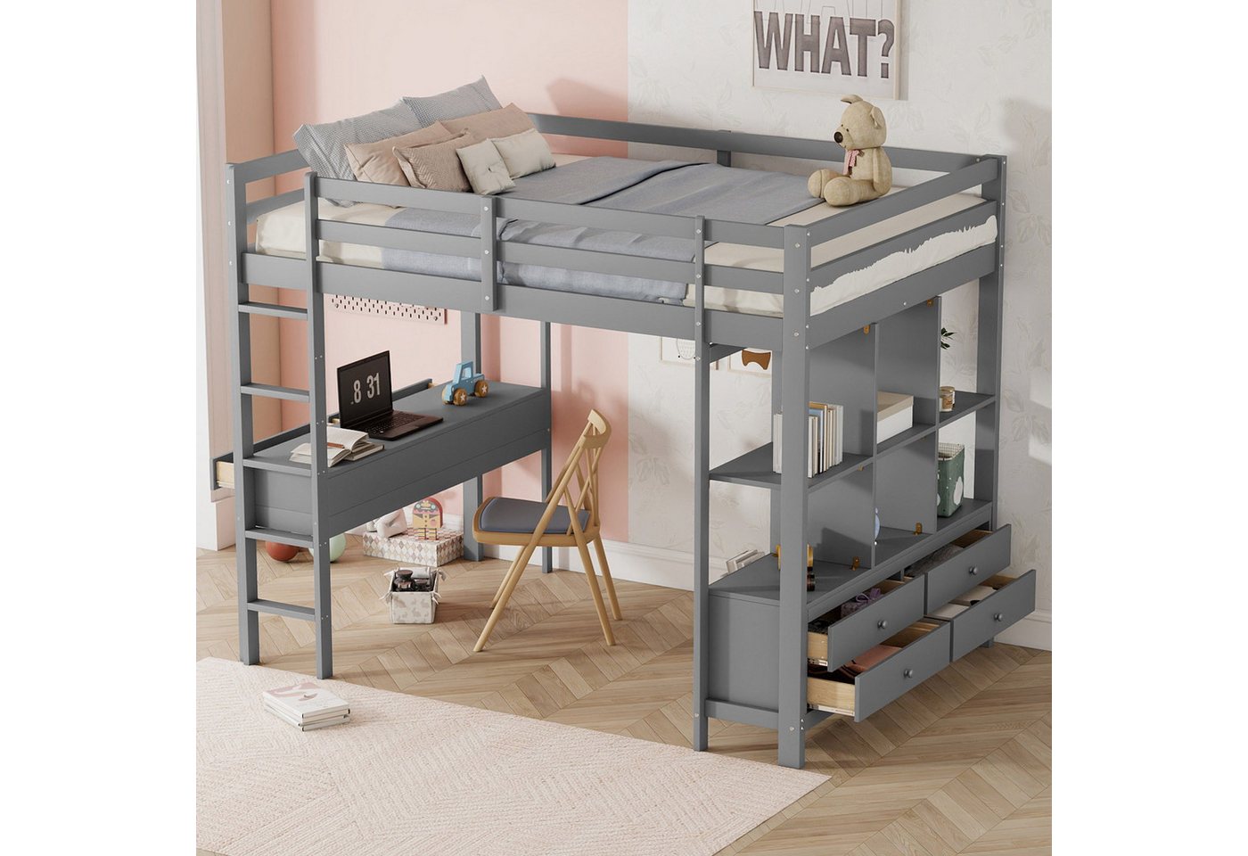 Flieks Hochbett Kiefer Kinderbett mit Schreibtisch & Stauraumregal 140x200cm Flieks Hochbett Kiefer Kinderbett mit Schreibtisch & Stauraumregal 140x200cm von Flieks