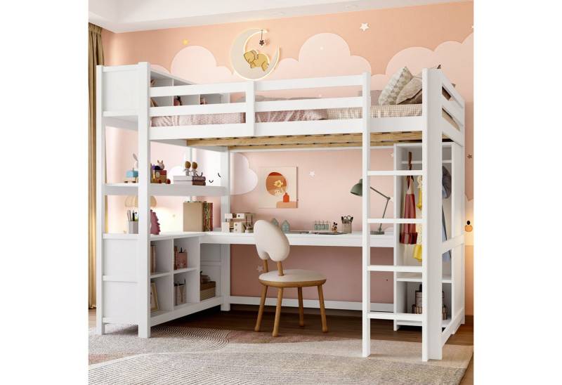 Flieks Hochbett Kinderbett 140x200cm mit Schreibtisch, Stauraumfächer, Kleiderschrank von Flieks