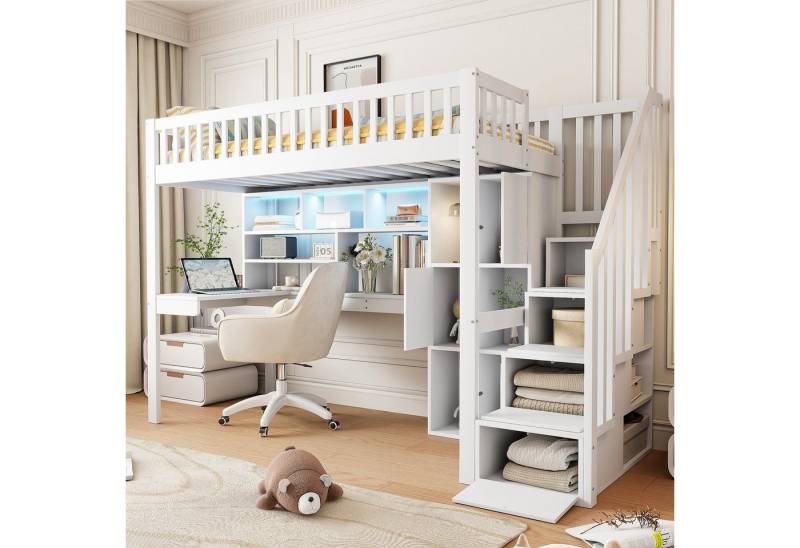 Flieks Hochbett Kinderbett 90x200cm mit Ambientelicht, Ablagefächer und Schreibtisch von Flieks