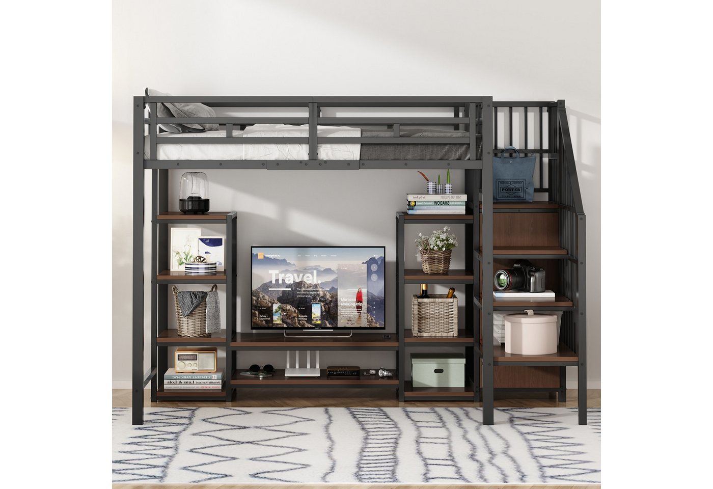 Flieks Hochbett Kinderbett 90x200cm mit TV-Ständer, Steckdose und Stauraumtreppe von Flieks