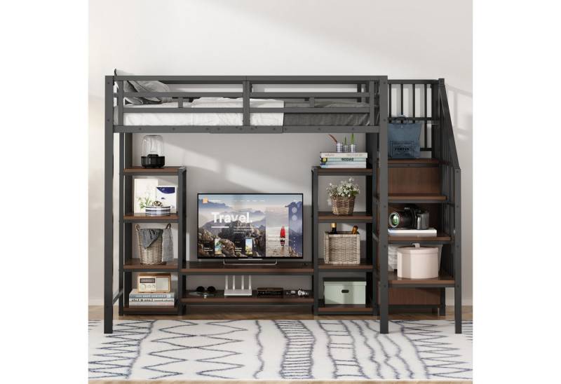 Flieks Hochbett Kinderbett 90x200cm mit TV-Ständer, Steckdose und Stauraumtreppe von Flieks