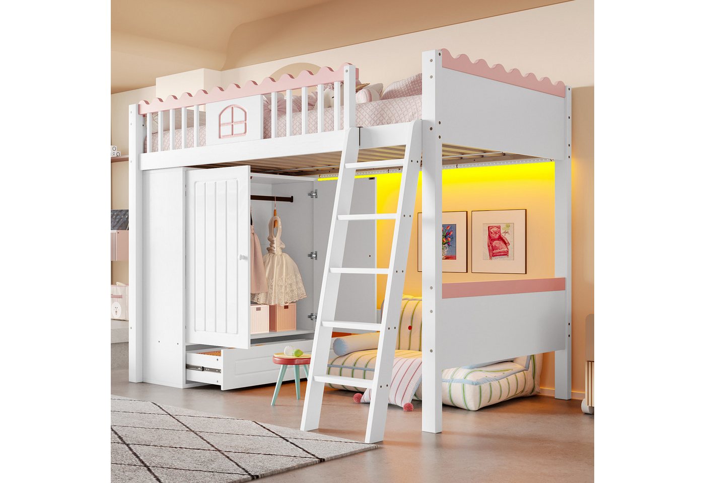 Flieks Hochbett Kinderbett Einzelbett 90x200cm mit LED-Leiste Kleiderschrank Schublade Flieks Hochbett Kinderbett Einzelbett 90x200cm mit LED-Leiste Kleiderschrank Schublade von Flieks
