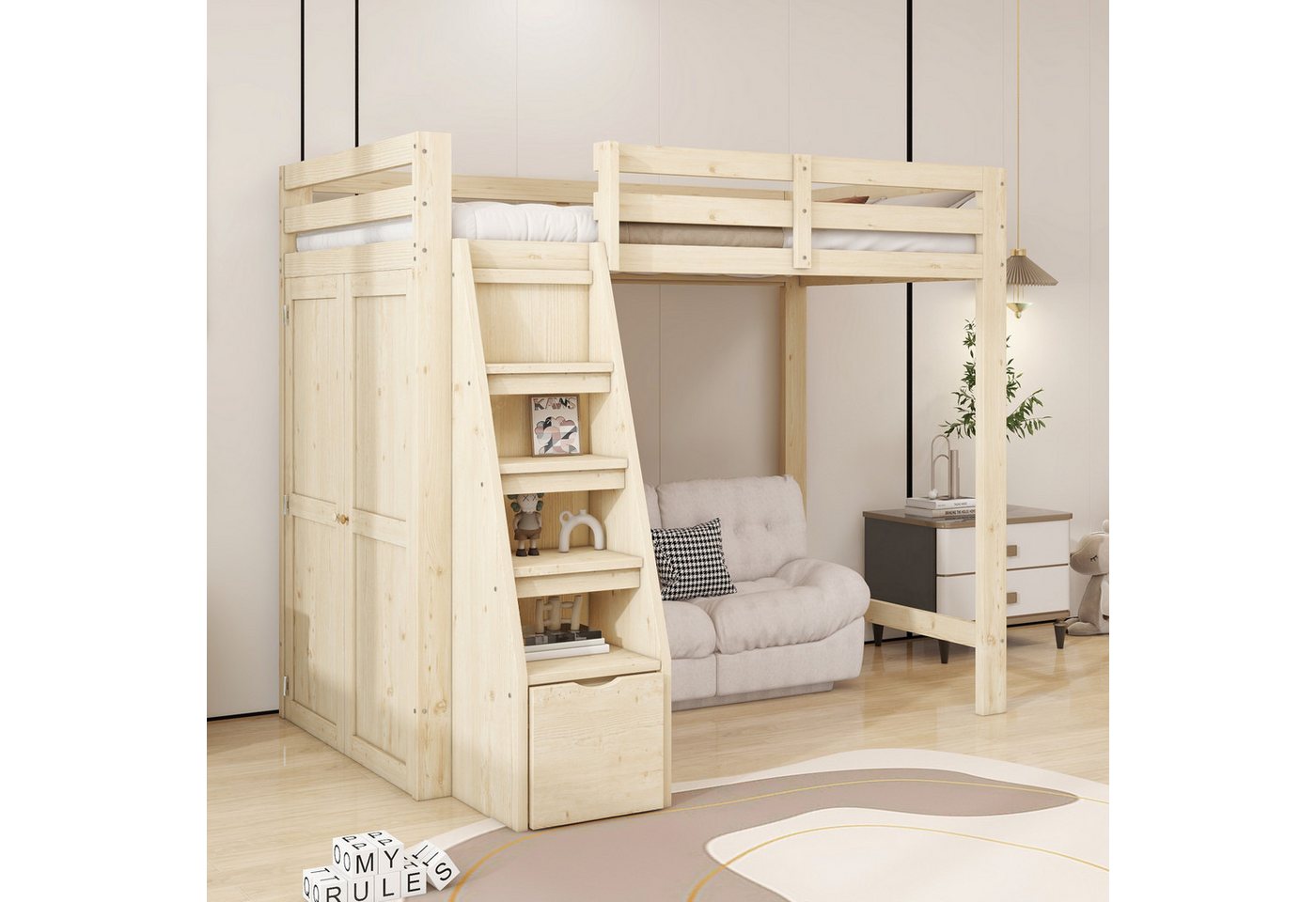 Flieks Hochbett Kinderbett Einzelbett 90x200cm mit Stauraum-Treppe und Kleiderschrank Flieks Hochbett Kinderbett Einzelbett 90x200cm mit Stauraum-Treppe und Kleiderschrank von Flieks