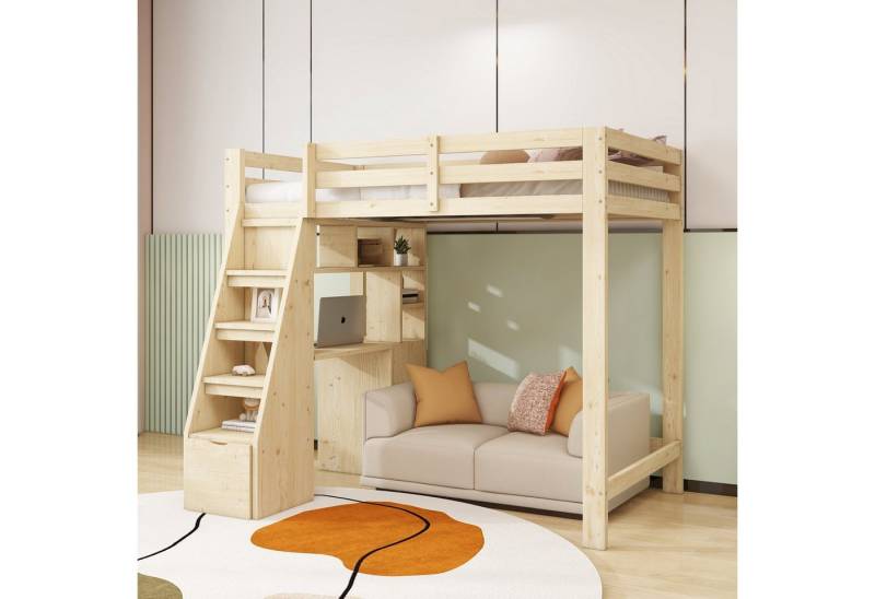 Flieks Hochbett Kinderbett Einzelbett 90x200cm mit Stauraum-Treppe und Schreibtisch von Flieks