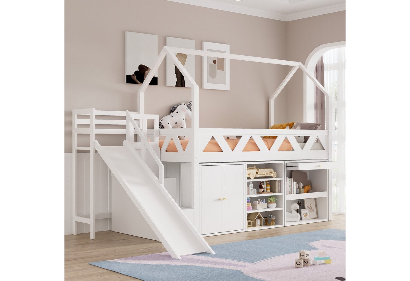 Flieks Hochbett Kinderbett Etagenbett mit Schränke, Rutsche und Treppe 90x200cm von Flieks