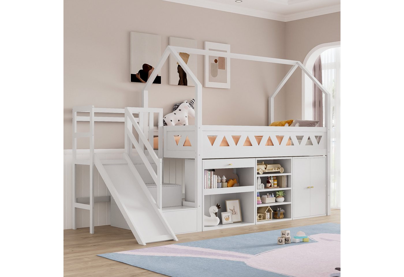 Flieks Hochbett Kinderbett Etagenbett mit Schränke, Rutsche und Treppe 90x200cm Flieks Hochbett Kinderbett Etagenbett mit Schränke, Rutsche und Treppe 90x200cm von Flieks
