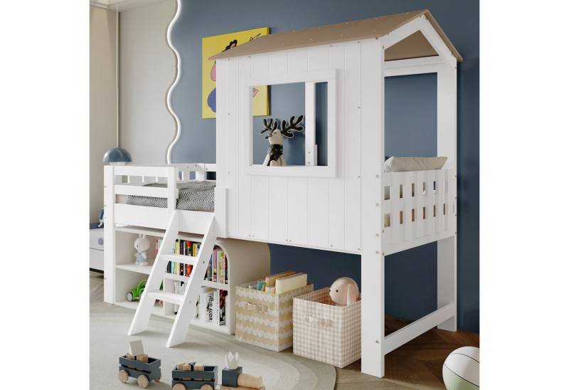 Flieks Hochbett Kinderbett Halbhohes Bett Hausbett 90x200cm mit Dach und Fenster von Flieks