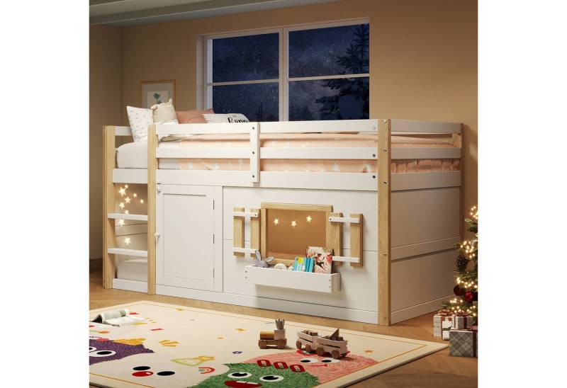 Flieks Hochbett Kinderbett Hausbett 90x200cm mit Rausfallschutz, Fenster und Tür von Flieks