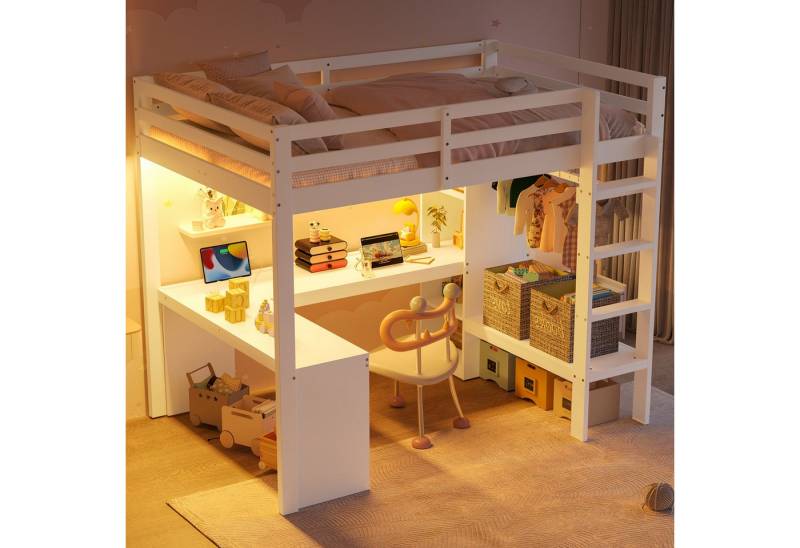 Flieks Hochbett Kinderbett Holzbett 140x200cm mit LED & USB, Schreibtisch, Stauraum von Flieks