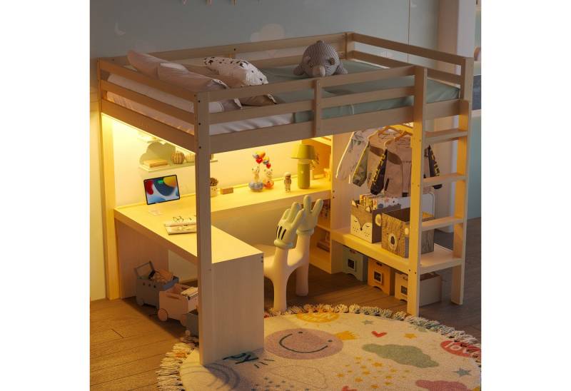 Flieks Hochbett Kinderbett Holzbett 140x200cm mit LED & USB, Schreibtisch, Stauraum von Flieks