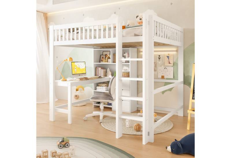 Flieks Hochbett Kinderbett Massivholzbett 140x200cm mit Schreibtisch und Stauraum von Flieks