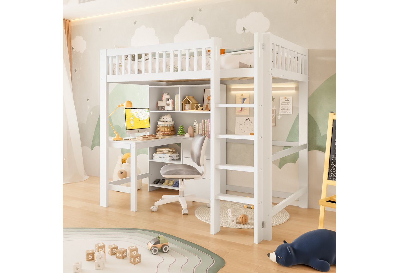 Flieks Hochbett Kinderbett Massivholzbett 90x200cm mit Schreibtisch und Stauraum von Flieks