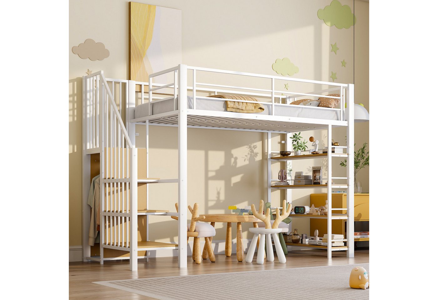 Flieks Hochbett Kinderbett Metallbett 90x200cm mit Regal, Treppe und Kleiderstange Flieks Hochbett Kinderbett Metallbett 90x200cm mit Regal, Treppe und Kleiderstange von Flieks