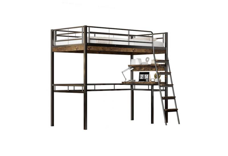 Flieks Hochbett Kinderbett Metallbett 90x200cm mit Schreibtisch, Regal und Leiter von Flieks